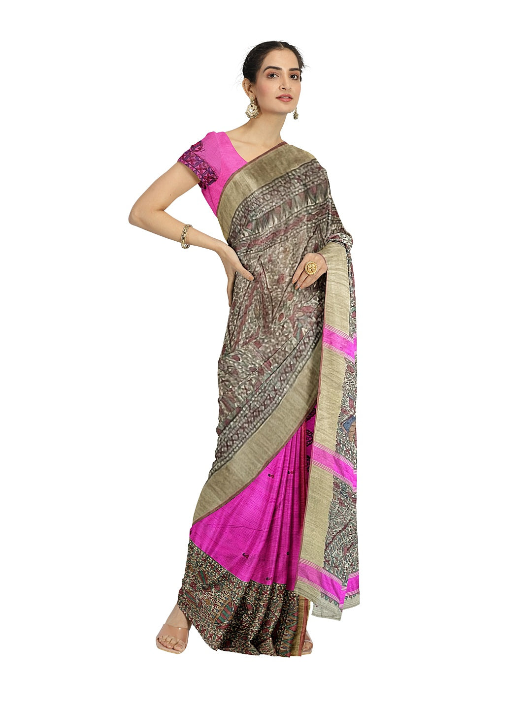 Hand-Woven Half-and-Half Madhubani Saree